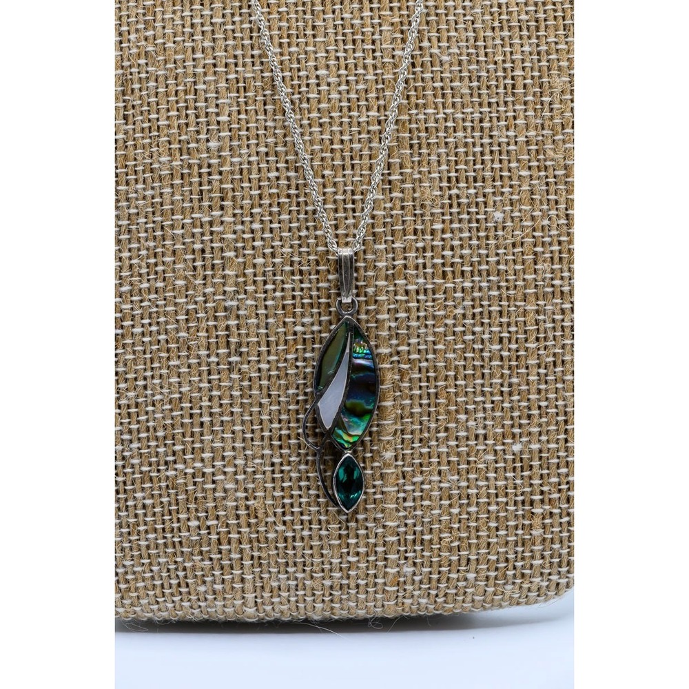 sterling silver pendant necklace leaf design inlaid with natural abalone green